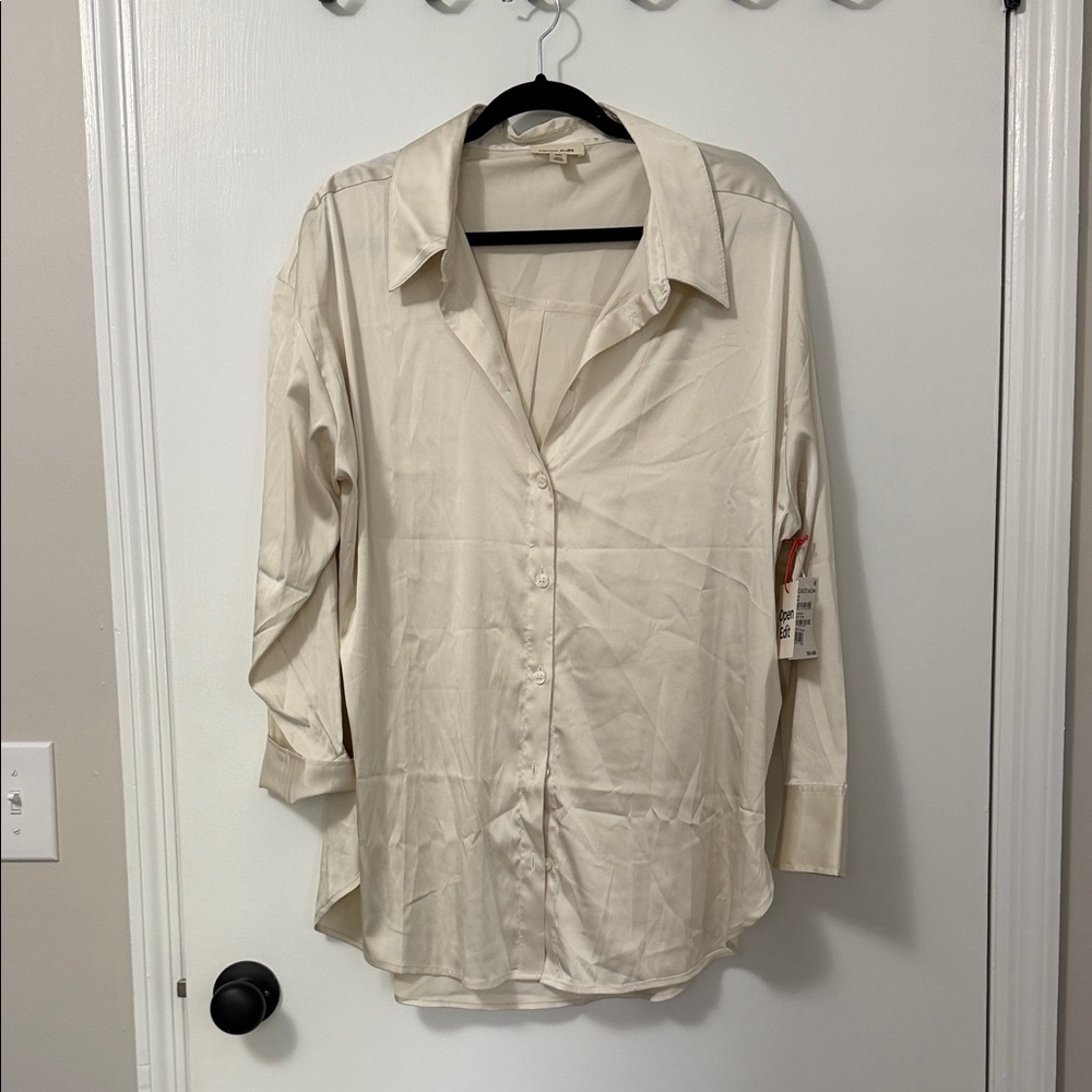 Classic Cream Button-Down Satin Blouse